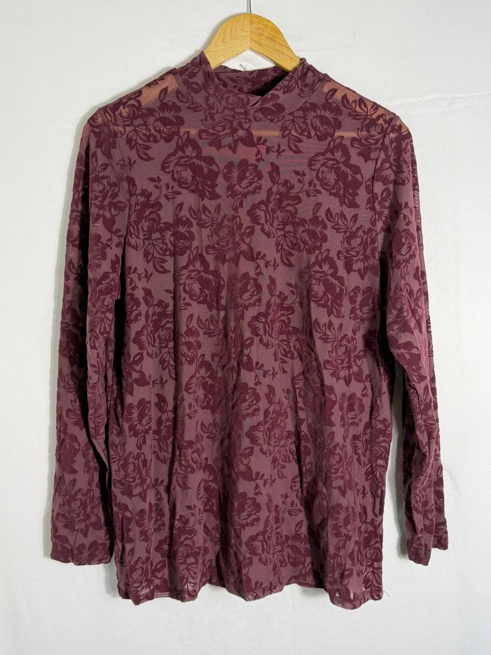 TORRID Floral Flocked Mesh Mock Neck Long Sleeve Top Burgundy Plum Size 1
